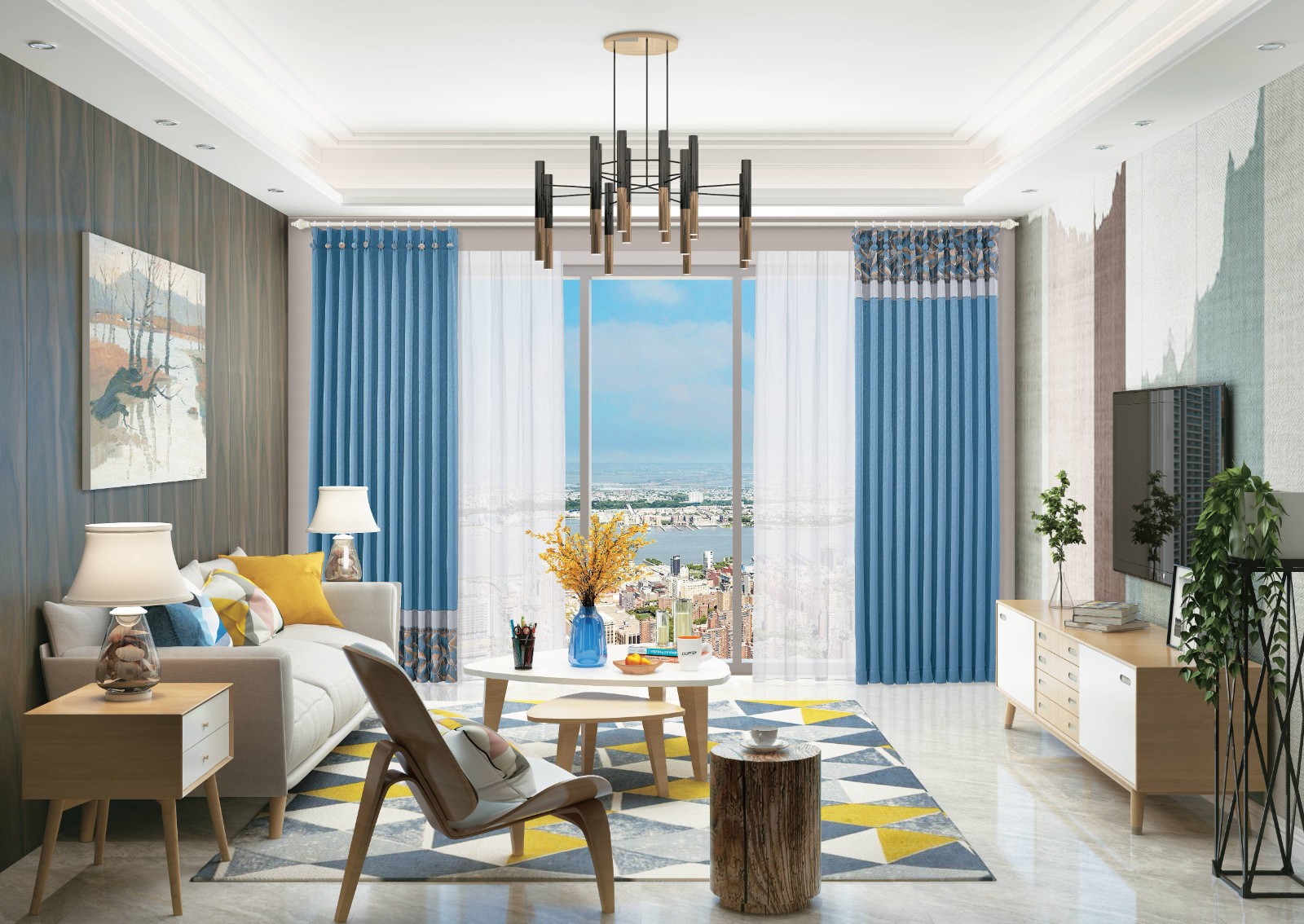 B2103-151 仲夏之岚窗身：LT2015湖蓝（定高布定宽做） 纱：HJ2022-15(1)