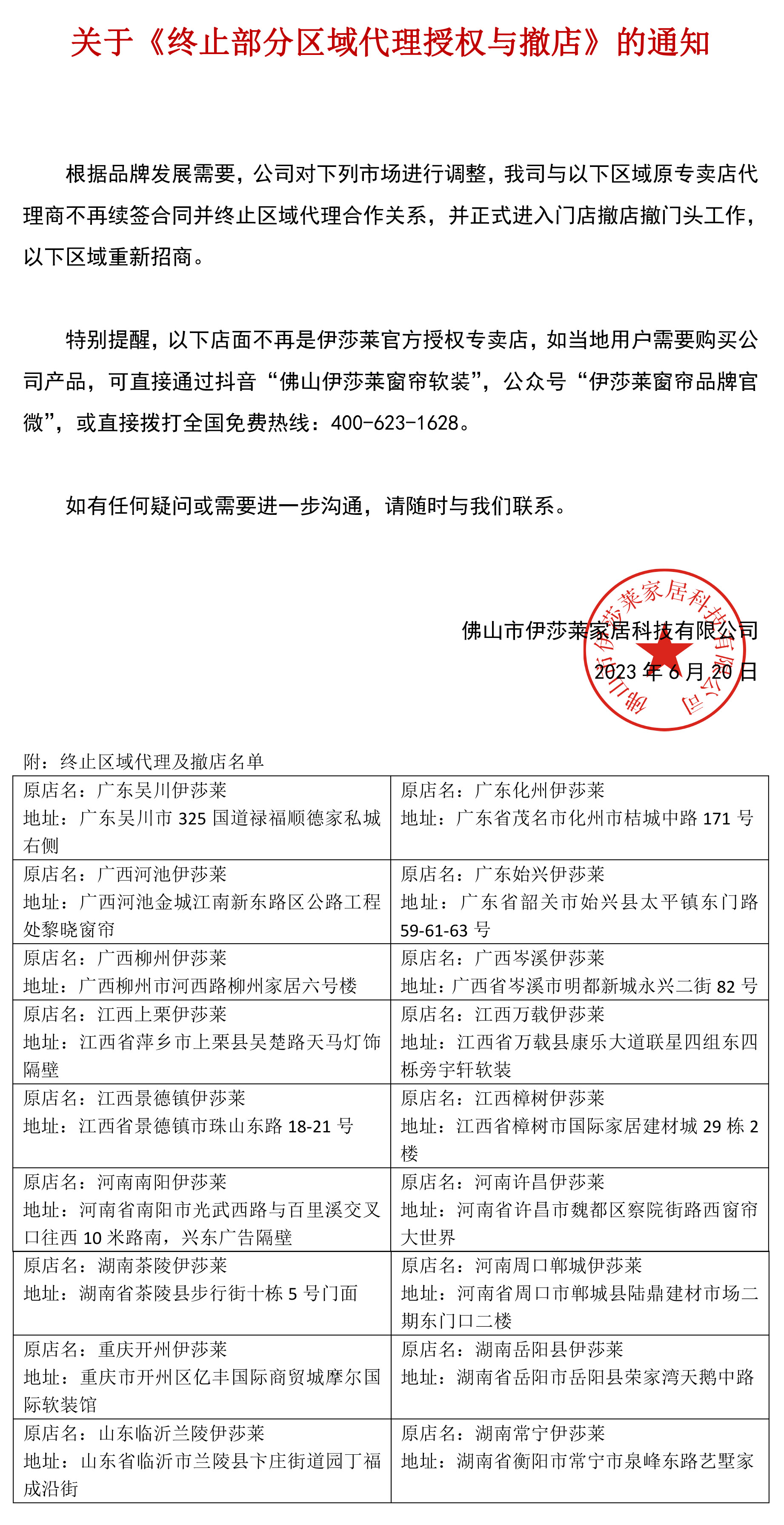 关于《终止部分区域代理授权与撤店》的通知-1 关于《终止部分区域代理授权与撤店》的通知-1